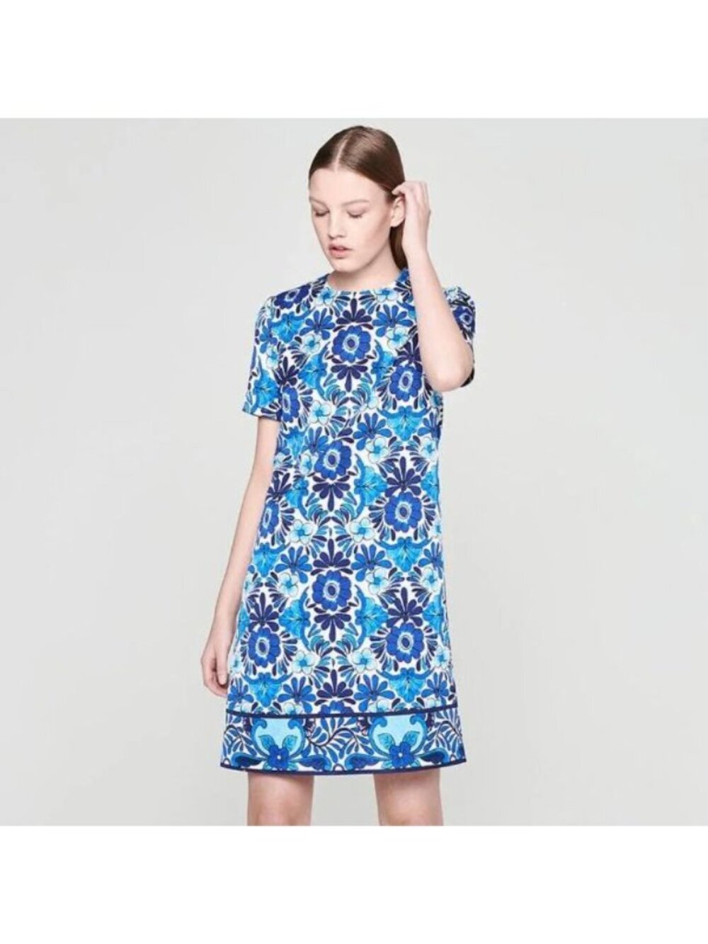 Escada Divinu Floral Shift Dress Size 42 US 12 Blue Midi Event Special Occasion